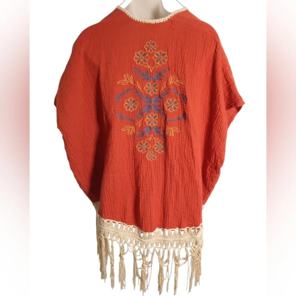 Umgee Rust Fringe Hem Boho Embroidered Floral Open Kimono Cardigan Sz M/L
